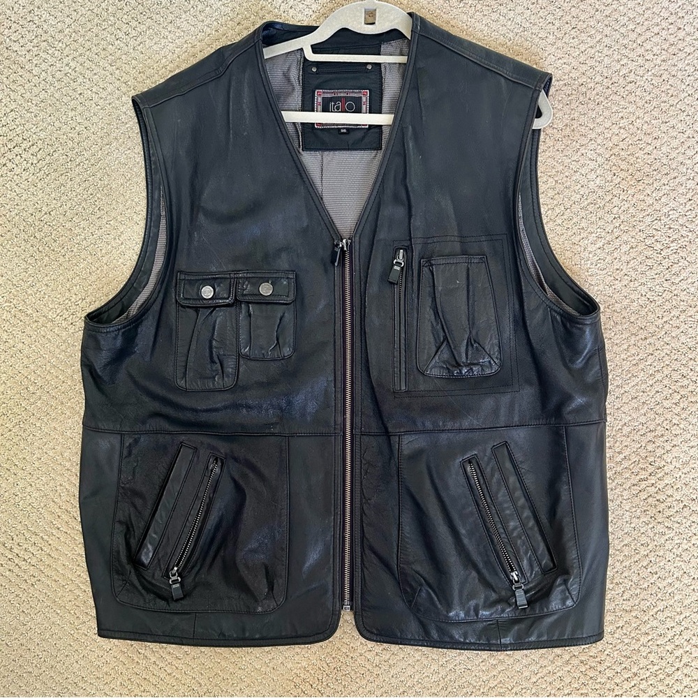Men's Black Leather Vest With Pockets Size 56 (XL or 2X)